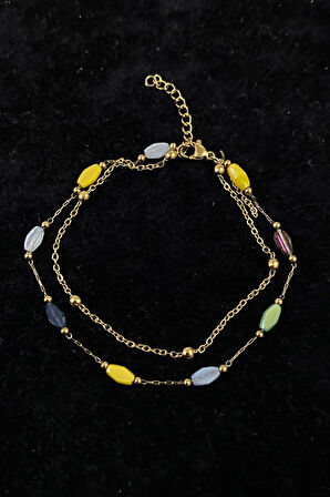 Altın Renk Top Ve Renkli Silindir Zincir Çelik Halhal - 3243