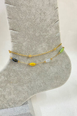 Altın Renk Top Ve Renkli Silindir Zincir Çelik Halhal - 3243