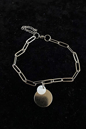 Gümüş Renk İki Pullu Model Ataç Zincir Çelik Halhal - 3244