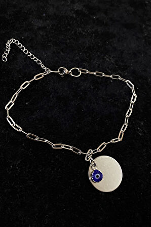 Gümüş Renk Nazar Pul Model Ezme Zincir Çelik Halhal - 3245