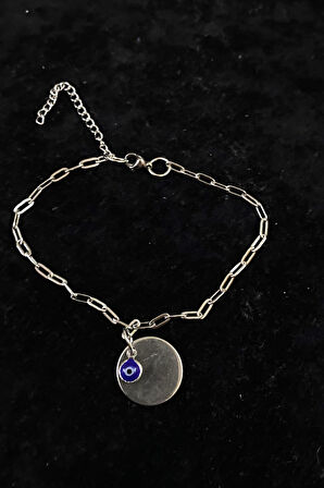 Gümüş Renk Nazar Pul Model Ezme Zincir Çelik Halhal - 3245