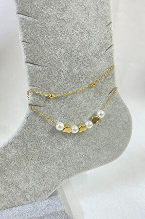 Altın Renk İnci Kalp Model Top Ve Sf Zincir Çelik Halhal - 3247