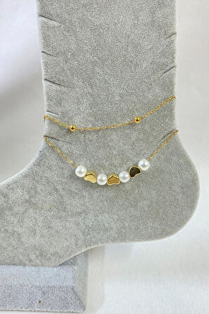 Altın Renk İnci Kalp Model Top Ve Sf Zincir Çelik Halhal - 3247