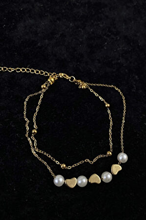 Altın Renk İnci Kalp Model Top Ve Sf Zincir Çelik Halhal - 3247