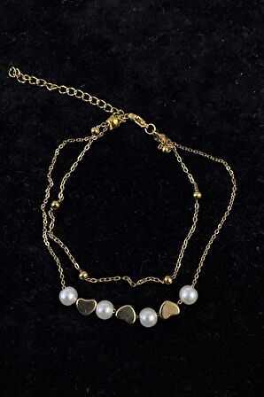 Altın Renk İnci Kalp Model Top Ve Sf Zincir Çelik Halhal - 3247