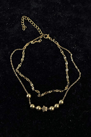 Altın Renk Küre Yıldız Model Singapur Ve Sf Zincir Çelik Halhal - 3248