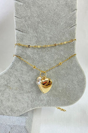 Altın Renk Kalp Zirkon Model Singapur Ve Top Zincir Çelik Halhal - 3249