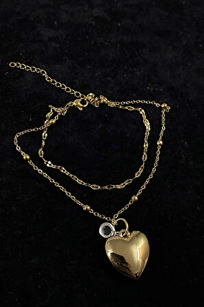 Altın Renk Kalp Zirkon Model Singapur Ve Top Zincir Çelik Halhal - 3249