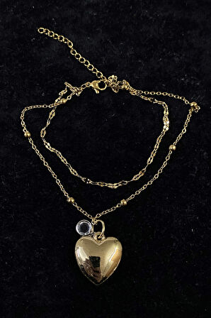 Altın Renk Kalp Zirkon Model Singapur Ve Top Zincir Çelik Halhal - 3249