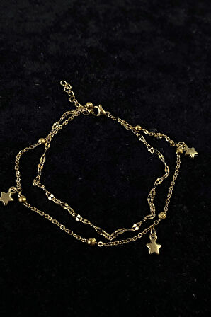 Altın Renk Yıldız Model Singapur Ve Top Zincir Çelik Halhal - 3250