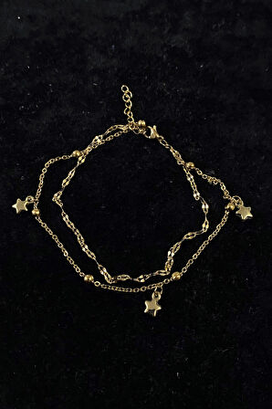 Altın Renk Yıldız Model Singapur Ve Top Zincir Çelik Halhal - 3250