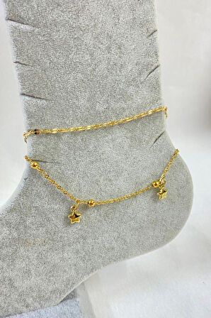 Altın Renk Yıldız Model Singapur Ve Top Zincir Çelik Halhal - 3250