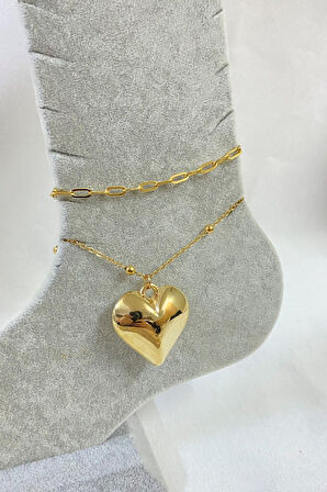 Altın Renk Kalp Model Ezme Ve Top Zincir Çelik Halhal - 3253