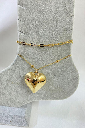 Altın Renk Kalp Model Ezme Ve Top Zincir Çelik Halhal - 3253