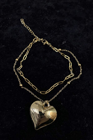 Altın Renk Kalp Model Ezme Ve Top Zincir Çelik Halhal - 3253