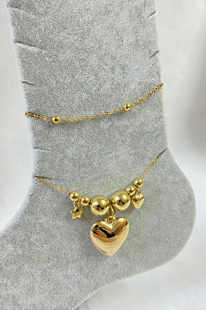 Altın Renk Yıldız Kalp Küre Model Top Ve Sf Zincir Çelik Halhal - 3254