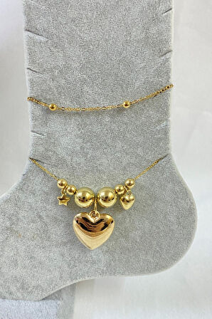 Altın Renk Yıldız Kalp Küre Model Top Ve Sf Zincir Çelik Halhal - 3254