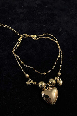 Altın Renk Yıldız Kalp Küre Model Top Ve Sf Zincir Çelik Halhal - 3254