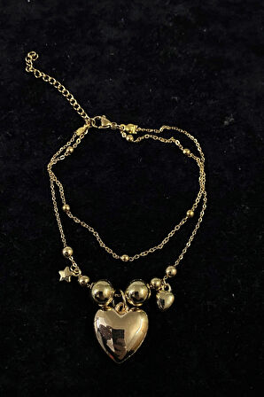 Altın Renk Yıldız Kalp Küre Model Top Ve Sf Zincir Çelik Halhal - 3254