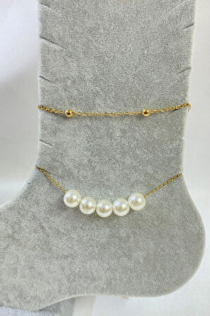 Altın Renk Beş İncili  Model Top Ve Sf Zincir Çelik Halhal - 3255