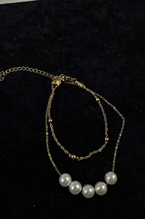 Altın Renk Beş İncili  Model Top Ve Sf Zincir Çelik Halhal - 3255