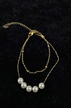 Altın Renk Beş İncili  Model Top Ve Sf Zincir Çelik Halhal - 3255