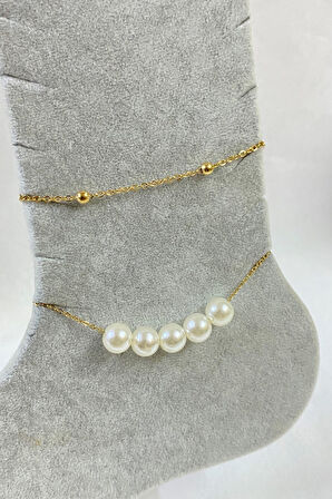 Altın Renk Beş İncili  Model Top Ve Sf Zincir Çelik Halhal - 3255