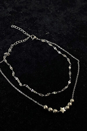 Gümüş Renk Küre Yıldız Model Singapur Ve Sf Zincir Çelik Halhal - 3258