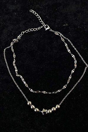 Gümüş Renk Küre Yıldız Model Singapur Ve Sf Zincir Çelik Halhal - 3258