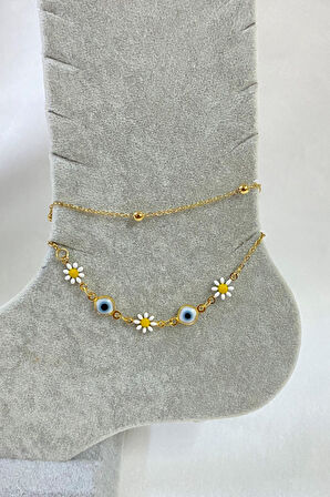 Altın Renk Top Papatya Nazar Zincir Çelik Halhal - 3260