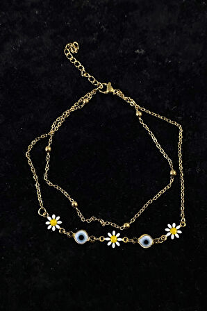 Altın Renk Top Papatya Nazar Zincir Çelik Halhal - 3260