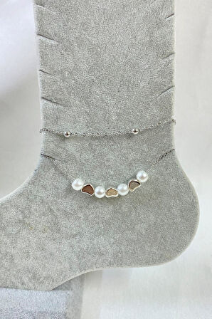 Gümüş Renk İnci Kalp Model Top Ve Sf Zincir Çelik Halhal - 3261