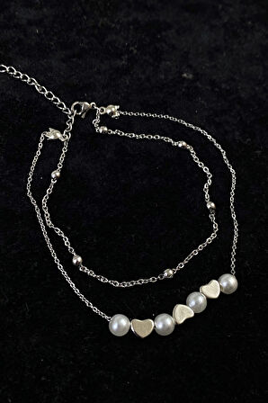 Gümüş Renk İnci Kalp Model Top Ve Sf Zincir Çelik Halhal - 3261