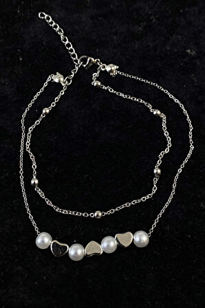 Gümüş Renk İnci Kalp Model Top Ve Sf Zincir Çelik Halhal - 3261