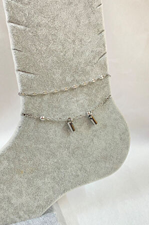 Gümüş Renk Boru Model Singapur  Ve Top  Zincir Çelik Halhal - 3265