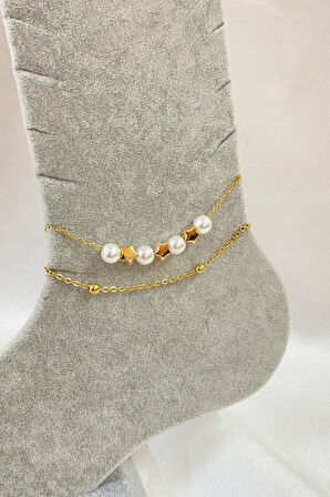 Altın Renk İnci Yıldız Model Top Ve Sf Zincir Çelik Halhal - 3271