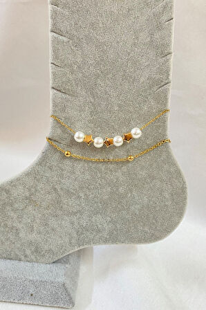 Altın Renk İnci Yıldız Model Top Ve Sf Zincir Çelik Halhal - 3271