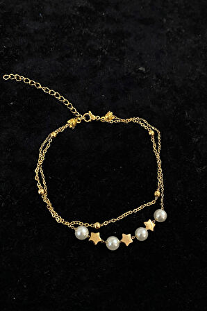 Altın Renk İnci Yıldız Model Top Ve Sf Zincir Çelik Halhal - 3271