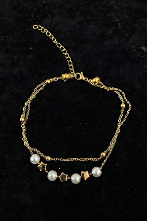 Altın Renk İnci Yıldız Model Top Ve Sf Zincir Çelik Halhal - 3271