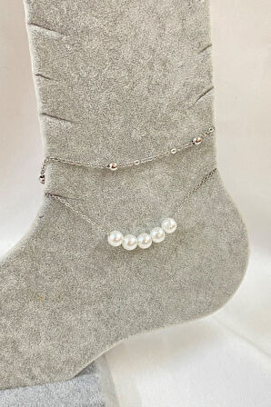 Gümüş Renk Beş İncili Model Top Ve Sf Zincir Çelik Halhal - 3272