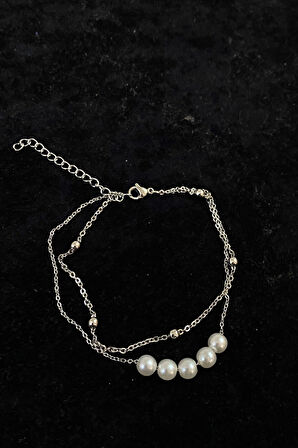 Gümüş Renk Beş İncili Model Top Ve Sf Zincir Çelik Halhal - 3272