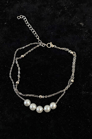 Gümüş Renk Beş İncili Model Top Ve Sf Zincir Çelik Halhal - 3272