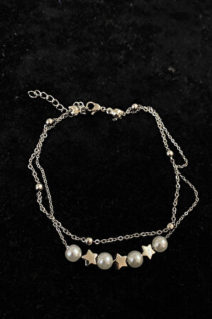 Gümüş Renk İnci Yıldız  Model Top Ve Sf Zincir Çelik Halhal - 3276