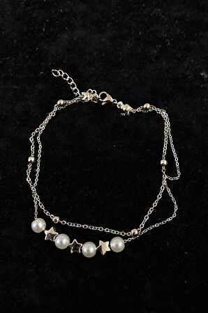 Gümüş Renk İnci Yıldız  Model Top Ve Sf Zincir Çelik Halhal - 3276