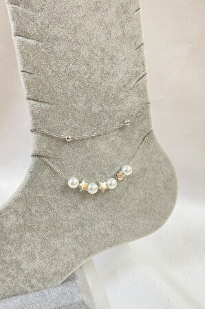 Gümüş Renk İnci Yıldız  Model Top Ve Sf Zincir Çelik Halhal - 3276