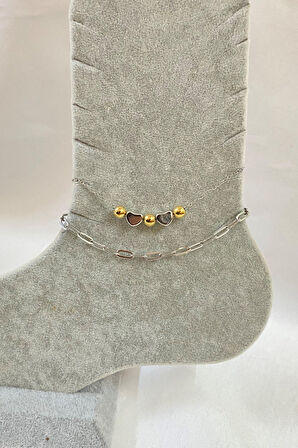 Gümüş Renk Küre Kalp Model Ezme Ve Sf Zincir Çelik Halhal - 3277