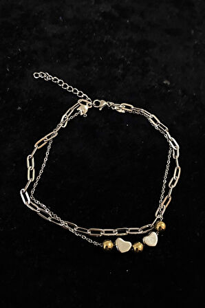 Gümüş Renk Küre Kalp Model Ezme Ve Sf Zincir Çelik Halhal - 3277