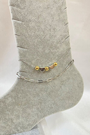 Gümüş Renk Küre Kalp Model Ezme Ve Sf Zincir Çelik Halhal - 3277