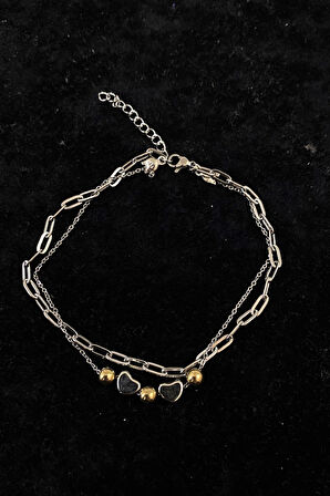 Gümüş Renk Küre Kalp Model Ezme Ve Sf Zincir Çelik Halhal - 3277