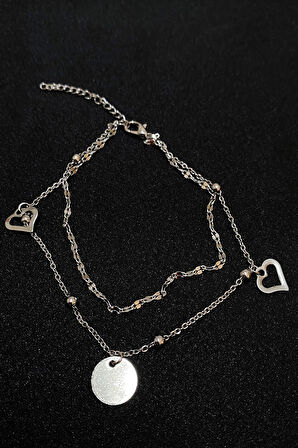 Gümüş Renk Pul Kalp  Model Singapur Ve Top Zincir Çelik Halhal - 3291